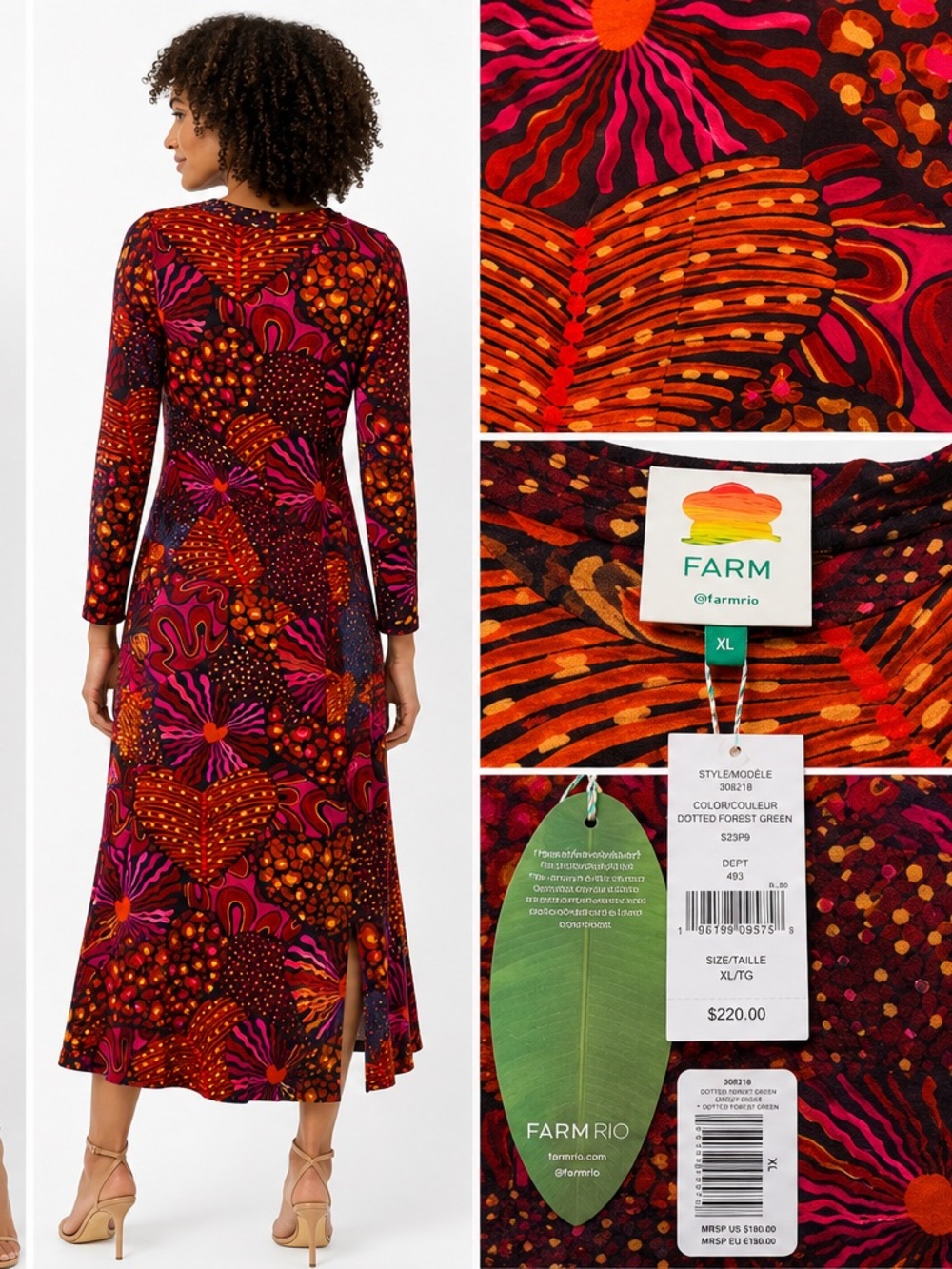 FARM Rio Dotted Forest Green Long-Sleeve Midi Dress — Red, Pink, Orange
